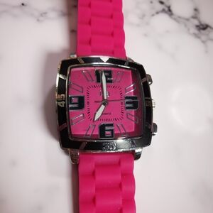 Pink and Silver Square Face Watch with Textured Strap